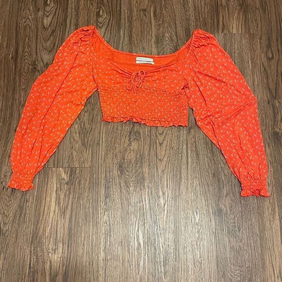 Urban Outfitters Off Shoulder Long Sleeve Crop Top Orange White Floral Medium - Picture 7 of 13